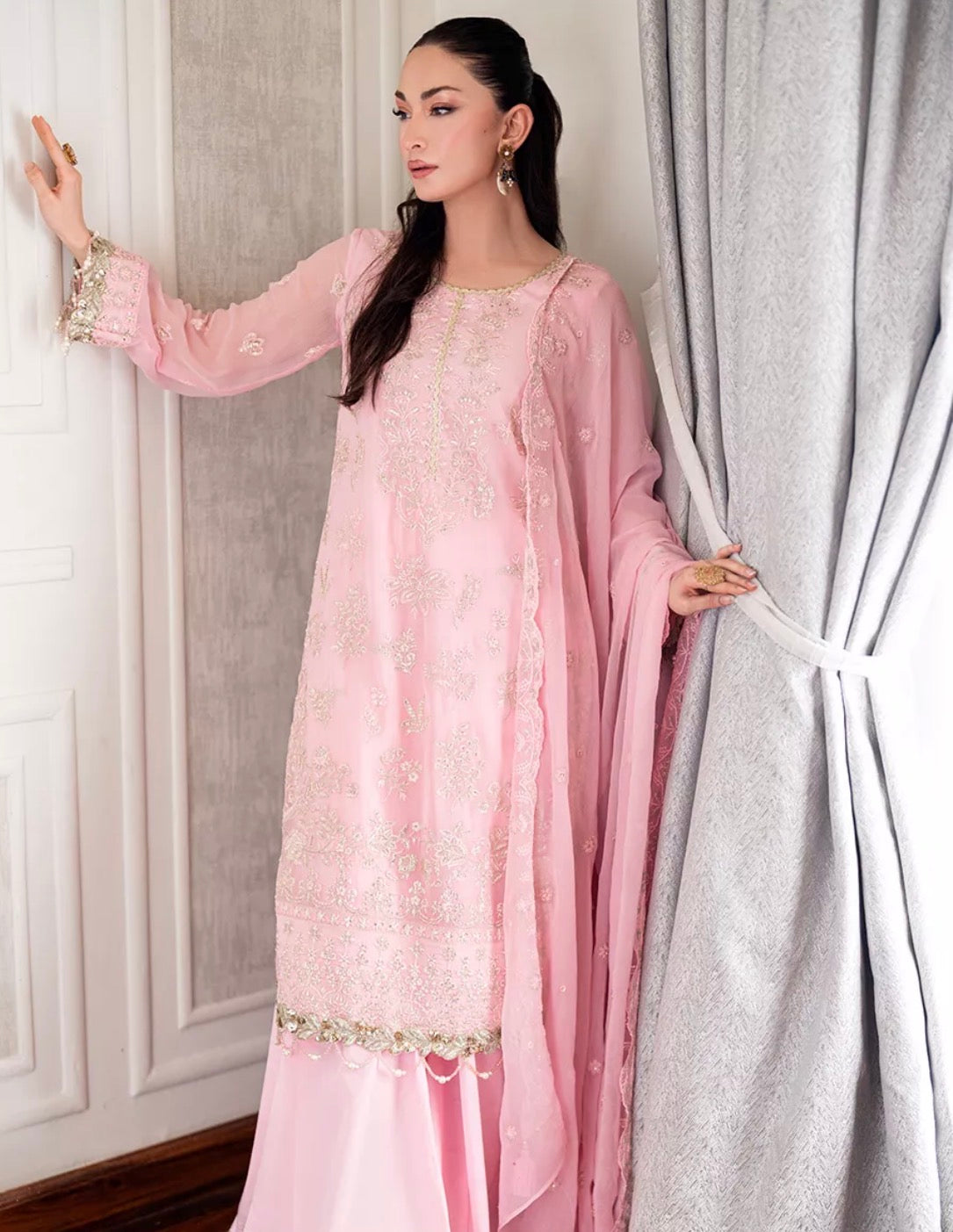 Pink 3PC UNSTITCHED CHIFFON EMBROIDERED SUIT