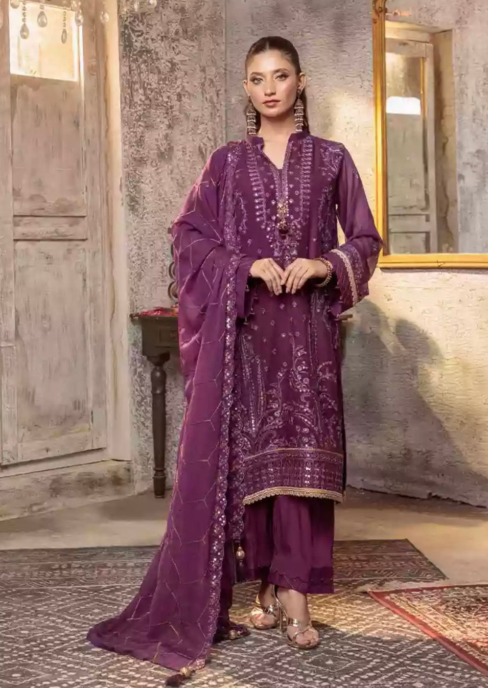 3PC UNSTITCHED CHIFFON EMBROIDERED SUIT
