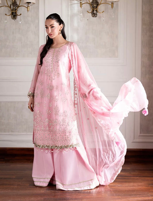 Pink 3PC UNSTITCHED CHIFFON EMBROIDERED SUIT