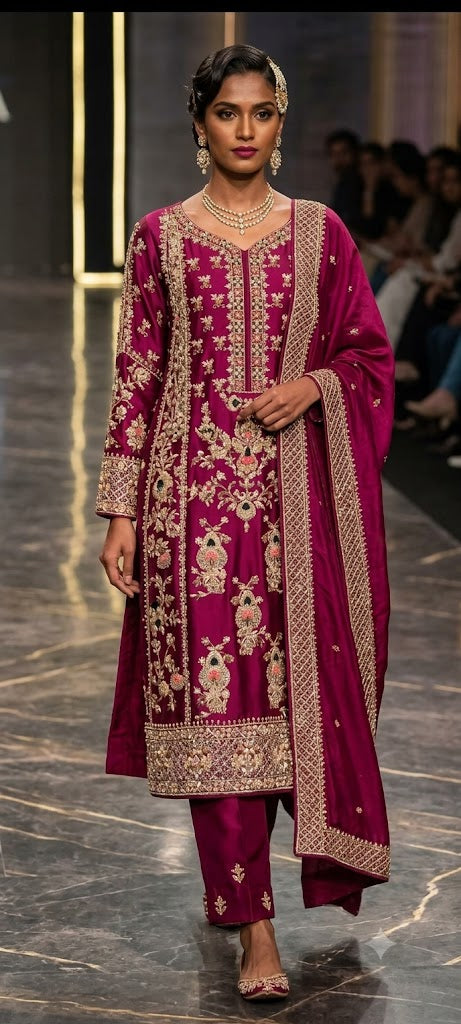 3 Piece Embroidered Raw Silk Suit Redish Pink